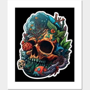 Floral Skull Tattoo Illustration: Edgy Design Posters and Art